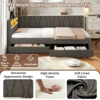 Single Daybed with Storage Drawers, LED Headboard, Charging Station, Linen Sofa Bed Ideal for Compact Rooms, 200L x 97W x 82H cm, Grey(m-6)