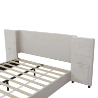 Upholstered Double Bed with Storage Drawers and Headboard Pockets, Bed Frame with Velvet and Plywood, 229L x 222.5W x 87.5H cm, Beige(m-10)