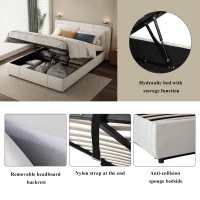 Upholstered Double Bed with Hydraulic Storage and Headboard, Full-Size Bed Ideal for Storing Bedding, 210L x 159W x 90H cm, Beige(m-5)