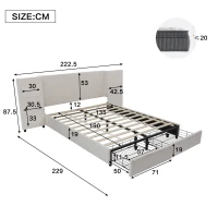 Upholstered Double Bed with Storage Drawers and Headboard Pockets, Bed Frame with Velvet and Plywood, 229L x 222.5W x 87.5H cm, Beige(m-3)