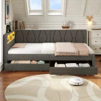 Single Daybed with Storage Drawers, LED Headboard, Charging Station, Linen Sofa Bed Ideal for Compact Rooms, 200L x 97W x 82H cm, Grey(m-8)