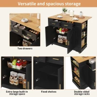 Elegant Kitchen Island Trolley with Wheels, Foldable Worktop, Black Kitchen Trolley with Double-Sided Storage, 120L x 40W x 90H cm, Black(m-4)