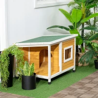 PawHut Hundehütte mit Veranda, aufklappbares Dach, Fenster, verstellbare Füße, Naturholz, orange, 85,5 x 62 x 60 cm(m-9)