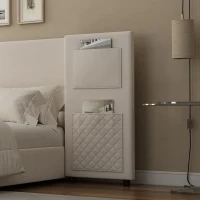 Upholstered Double Bed with Storage Drawers and Headboard Pockets, Bed Frame with Velvet and Plywood, 229L x 222.5W x 87.5H cm, Beige(m-8)