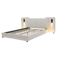 Upholstered Double Bed with Charging Port and Lighting, Headboard with Impact-Resistant Sponge Padding, 209L x 221W x 86.5H cm, Beige(m-12)