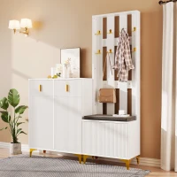 Practical Wardrobe Set with Shoe Bench and Cushion, Wave Texture, Closet Set Perfect for Entryway, 60.5L x 35W x 180.5H cm, White(m-5)