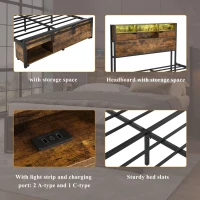 Metal Double Bed with LED Lights and Charging Ports, Practical Bed Base with Built-In Storage, 209L x 137.5W x 114.5H cm, Black+Natural(m-5)