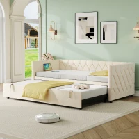 Upholstered Daybed with Charging Station, USB and Type-C Ports, Button-tufted Sofa Bed Perfect for Compact Room, 206L x 193W x 71H cm, Beige(m-1)