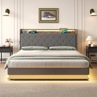 King Upholstered Bed Frame with Hydraulic Storage, Charging Station, LED Headboard Ideal for Living Room, 214L x 156W x 113H cm, Grey(m-8)