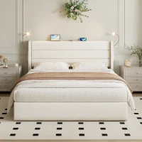 King Upholstered Bed with Hydraulic Storage, Adjustable LED Reading Light, Practical Headboard for Living Room, 208L x 158W x 113H cm, Beige(m-8)