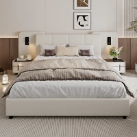 Upholstered Double Bed with Charging Port and Lighting, Headboard with Impact-Resistant Sponge Padding, 209L x 221W x 86.5H cm, Beige(m-1)