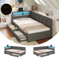 Single Daybed with Storage Drawers, LED Headboard, Charging Station, Linen Sofa Bed Ideal for Compact Rooms, 200L x 97W x 82H cm, Grey(m-7)