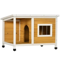 PawHut Hundehütte mit Veranda, aufklappbares Dach, Fenster, verstellbare Füße, Naturholz, orange, 85,5 x 62 x 60 cm(m-1)