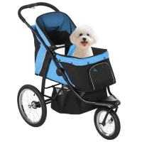 PawHut Carrito para Perros Medianos Pequeños con Cesta de Almacenaje Capota Ajustable y Ventana de Malla 111x58x107 cm Azul(m-10)