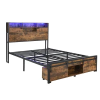 Metal Double Bed with LED Lights and Charging Ports, Practical Bed Base with Built-In Storage, 209L x 137.5W x 114.5H cm, Black+Natural(m-12)
