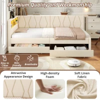 Single Daybed with Storage Drawers, LED Headboard and Charging Station, Linen Sofa Bed Ideal for Compact Rooms, 200L x 97W x 82H cm, Beige(m-6)