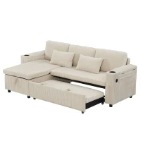 3-in-1 Convertible Corduroy Sofa Bed with Storage and Charging Station, L-Shaped Sleeper Sofa with Armrest, 205L x 128W x 79H cm, Beige(m-11)