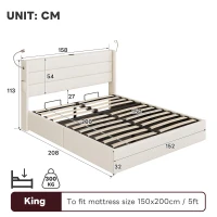 King Upholstered Bed with Hydraulic Storage, Adjustable LED Reading Light, Practical Headboard for Living Room, 208L x 158W x 113H cm, Beige(m-3)