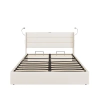 King Upholstered Bed with Hydraulic Storage, Adjustable LED Reading Light, Practical Headboard for Living Room, 208L x 158W x 113H cm, Beige(m-2)