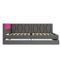 Single Daybed with Storage Drawers, LED Headboard, Charging Station, Linen Sofa Bed Ideal for Compact Rooms, 200L x 97W x 82H cm, Grey(m-9)