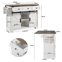 Elegant Kitchen Island with Extendable Worktop, Smooth Wheels, Ample Storage, Foldable Cabinet Ideal for Kitchen, 140L x 45W x 94H cm, White(m-3)