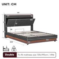 Double Upholstered Bed Frame with Hydraulic Storage, Charging Station, LED Headboard Ideal for Living Room, 203L x 141W x 113H cm, Grey(m-3)