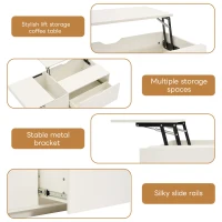 Lift Up Coffee Table with Hydraulic Mechanism, Wooden Tea Table with Drawer and Hidden Storage, 117L x 65W x 43H cm, White(m-4)