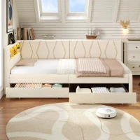 Single Daybed with Storage Drawers, LED Headboard and Charging Station, Linen Sofa Bed Ideal for Compact Rooms, 200L x 97W x 82H cm, Beige(m-8)