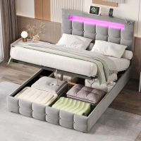 Double Upholstered Bed Frame with Hydraulic Storage, Velvet Bed with LED Lighting and Charging Station, 202.5L x 142W x 108H cm, Grey(m-1)