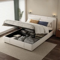 Upholstered Double Bed with Hydraulic Storage and Headboard, Full-Size Bed Ideal for Storing Bedding, 210L x 159W x 90H cm, Beige(m-7)