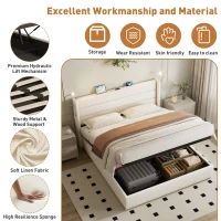 King Upholstered Bed with Hydraulic Storage, Adjustable LED Reading Light, Practical Headboard for Living Room, 208L x 158W x 113H cm, Beige(m-6)