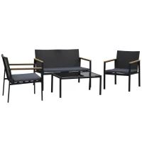 Outsunny Set Mobilier de Grădină din Ratan din 2 Scaune cu Brațe pentru Terasă, Bancă și Masă de Cafea, 80x42x37 cm, Negru(m-1)