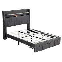 Double Upholstered Bed with Storage Drawers, Charging Ports, Linen Platform Frame with LED Night Light, 205L x 142.5W x 122H cm, Grey(m-10)