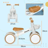 AIYAPLAY Bicicletta per Bambini con 4 ruote, sella regolabile e manubrio ergonomico in lega alluminio e PP, Marrone e Bianco(m-3)