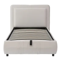 Upholstered Hydraulic Bed with Storage and Removable Headboard, Crafted Headboard with Velvet and Plywood, 210L x 110W x 90H cm, Beige(m-2)