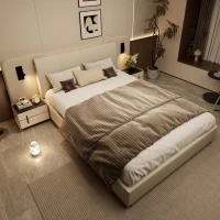 Upholstered Double Bed with Charging Port and Lighting, Headboard with Impact-Resistant Sponge Padding, 209L x 221W x 86.5H cm, Beige(m-7)