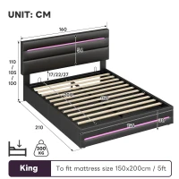 King Upholstered Bed Frame with Hydraulic Storage and LED Lighting, Bedside Equipped with Type-C and USB ports, 210L x 160W x 110H cm, Black(m-3)