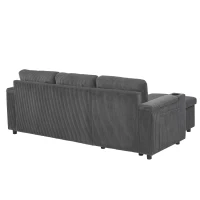 3-in-1 Convertible Corduroy Sofa Bed with Chaise and Charging Station, L-Shaped Sleeper Sofa with Armrest, 205L x 128W x 79H cm, Grey(m-12)
