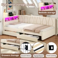Single Daybed with Storage Drawers, LED Headboard and Charging Station, Linen Sofa Bed Ideal for Compact Rooms, 200L x 97W x 82H cm, Beige(m-5)