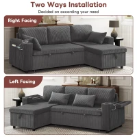 3-in-1 Convertible Corduroy Sofa Bed with Chaise and Charging Station, L-Shaped Sleeper Sofa with Armrest, 205L x 128W x 79H cm, Grey(m-5)