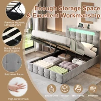 Double Upholstered Bed Frame with Hydraulic Storage, Velvet Bed with LED Lighting and Charging Station, 202.5L x 142W x 108H cm, Grey(m-5)