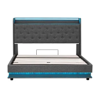 Double Upholstered Bed Frame with Hydraulic Storage, Charging Station, LED Headboard Ideal for Living Room, 203L x 141W x 113H cm, Grey(m-2)
