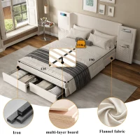 Upholstered Double Bed with Storage Drawers and Headboard Pockets, Bed Frame with Velvet and Plywood, 229L x 222.5W x 87.5H cm, Beige(m-5)
