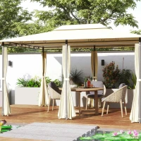 Outsunny Gazebo da Giardino 3x4 m con Tende e Tetto a 2 Livelli Bianco Crema(m-2)