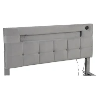 Double Upholstered Bed Frame with Hydraulic Storage, Velvet Bed with LED Lighting and Charging Station, 202.5L x 142W x 108H cm, Grey(m-8)