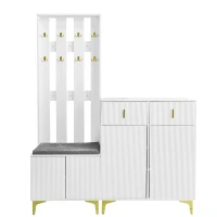 Practical Wardrobe Set with Shoe Bench and Cushion, Wave Texture, Closet Set Perfect for Entryway, 60.5L x 35W x 180.5H cm, White(m-2)