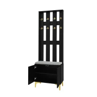Elegant Wardrobe Set with Shoe Bench and Cushion, Adjustable Shelves, Closet Set Perfect for Entryway, 60.5L x 35W x 180.5H cm, Black(m-12)