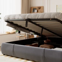 Upholstered Hydraulic Bed with Storage and Removable Headboard, Crafted Headboard with Velvet and Plywood, 210L x 159W x 90H cm, Grey(m-9)