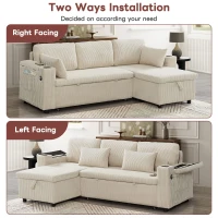 3-in-1 Convertible Corduroy Sofa Bed with Storage and Charging Station, L-Shaped Sleeper Sofa with Armrest, 205L x 128W x 79H cm, Beige(m-5)