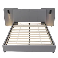 Upholstered Double Bed with Charging Port and Lighting, Full-Size Bed with Impact-Resistant Sponge Padding, 209L x 221W x 86.5H cm, Grey(m-14)
